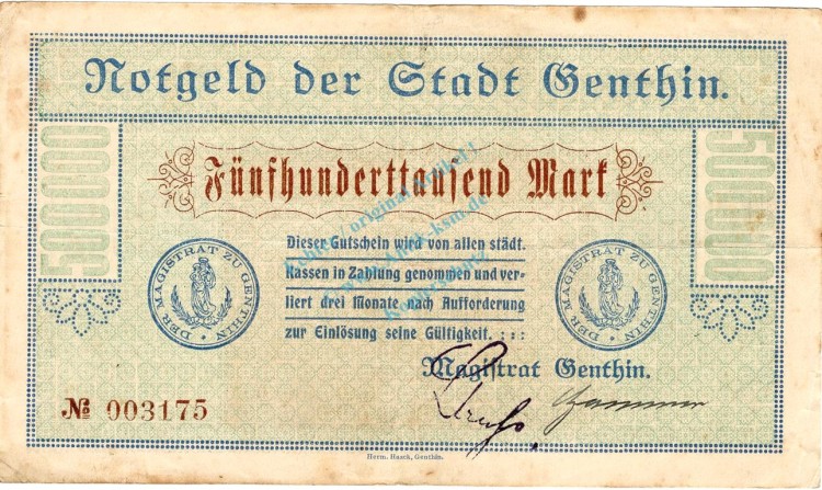 Genthin , Banknote 500.000 Mark Schein gbr. Keller 1722 , prov. Sachsen 1923 InflationGenthin , Banknote 500.000 Mark Schein gbr. Keller 1722 , prov. Sachsen 1923 Inflation