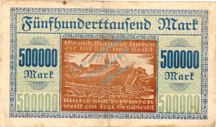 Genthin , Banknote 500.000 Mark Schein gbr. Keller 1722 , prov. Sachsen 1923 Inflation