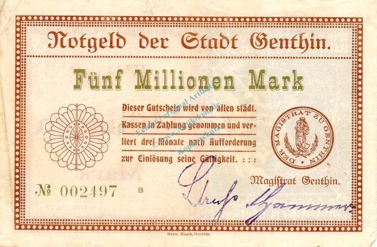Genthin , Banknote 5 Millionen Mark Schein gbr. Keller 1722.b , prov. Sachsen 1923 Inflation