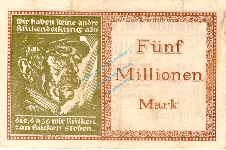 Genthin , Banknote 5 Millionen Mark Schein gbr. Keller 1722.b , prov. Sachsen 1923 Inflation