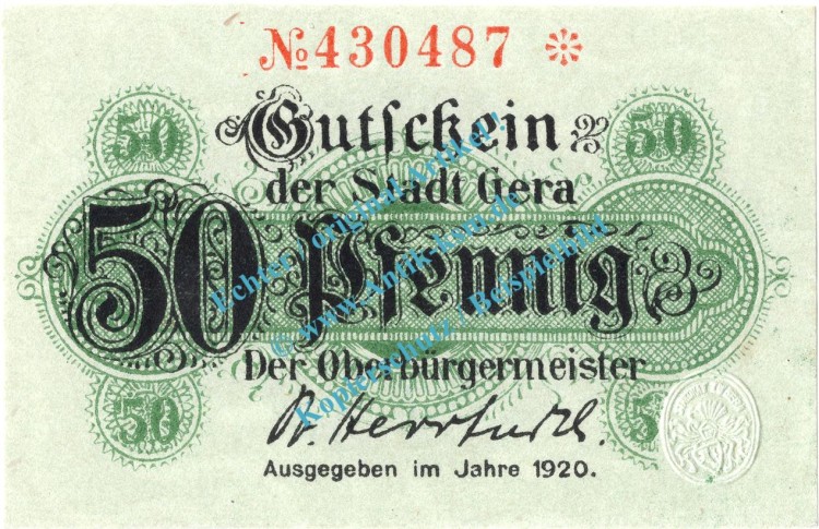 Gera , Notgeld 50 Pfennig Schein in kfr. Tieste 2180.20.32 , Thüringen 1920 Verkehrsausgabe