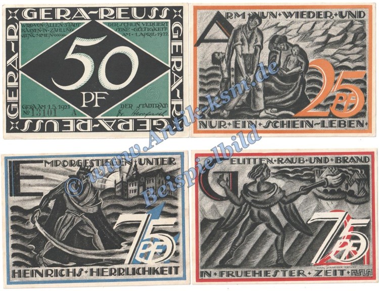 Gera , Notgeld Set mit 4 Scheinen in kfr. M-G 420.3 , Thüringen 1921 Seriennotgeld