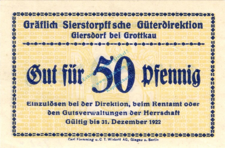 Giersdorf , Notgeld 50 Pfennig Schein unc-kfr. Ti.2225.20.04 , Schlesien o.D. Verkehrsausgabe