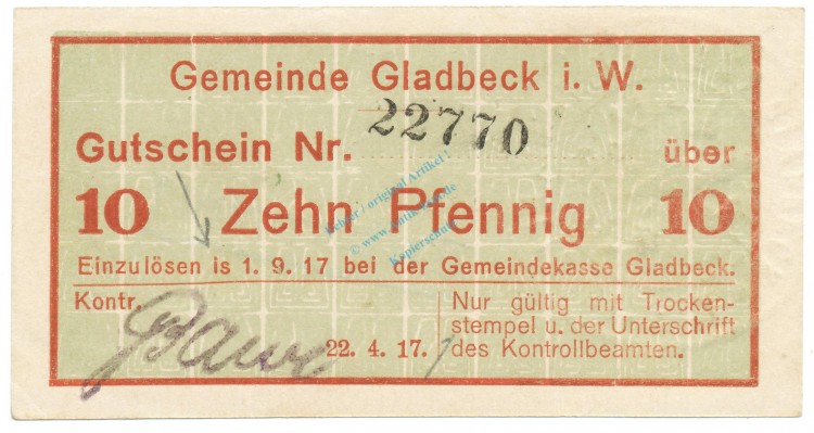 Gladbeck , Notgeld 10 Pfennig -Fehldruck- unc-kfr.E Tieste 2240.05....  Westfalen 1917 Verkehrsausgabe