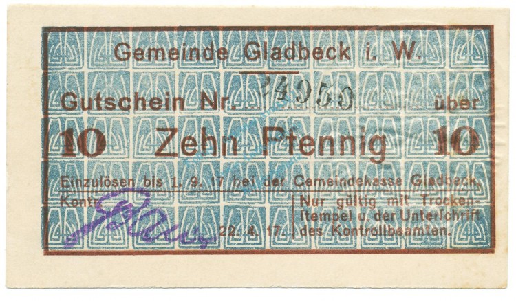 Gladbeck , Notgeld 10 Pfennig Schein unc-kfr.E Tieste 2240.05.01 , Westfalen 1917 Verkehrsausgabe