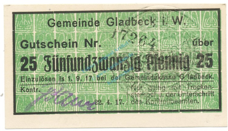 Gladbeck , Notgeld 25 Pfennig -Fehldruck- unc-kfr.E Tieste 2240.05.06.3 , Westfalen 1917 Verkehrsausgabe
