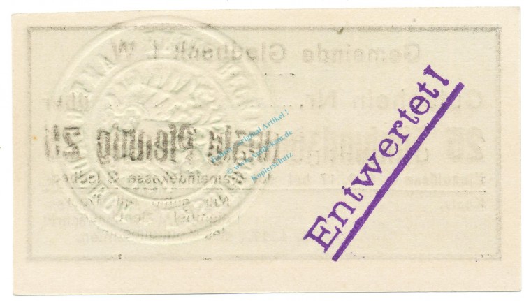 Gladbeck , Notgeld 25 Pfennig Schein unc-kfr.E Tieste 2240.05.06 , Westfalen 1917 Verkehrsausgabe