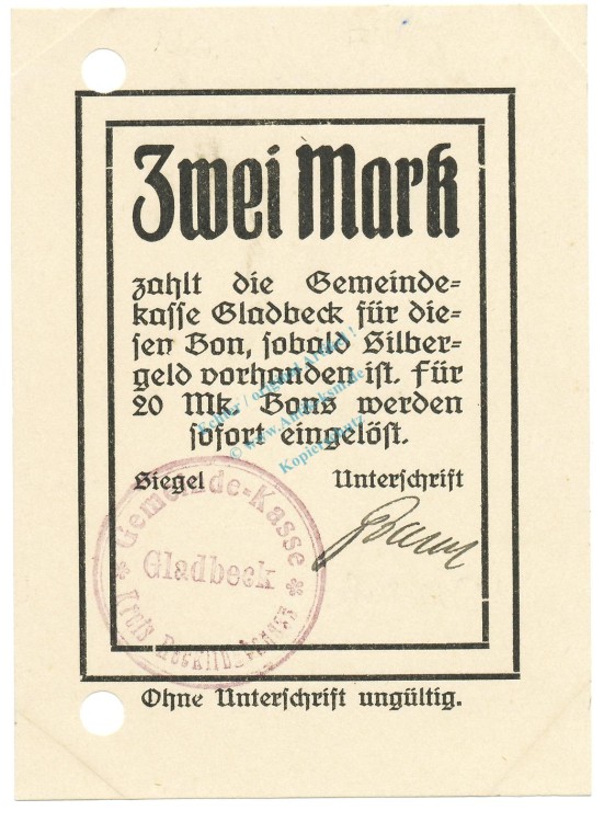 Gladbeck , Notgeld 2 Mark Schein unc-kfr.E Diessner 120.5.a , Westfalen o.D. Notgeld 1914-15