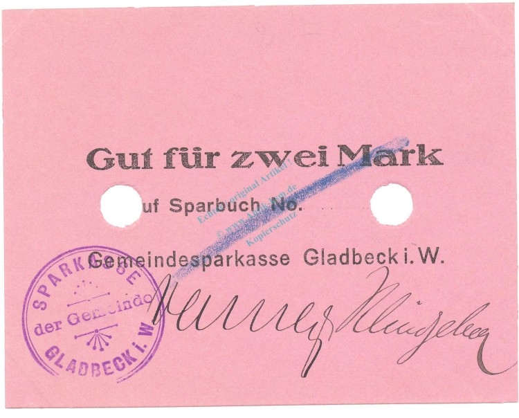 Gladbeck , Notgeld 2 Mark Schein unc-kfr.E Diessner 121.2.b , Westfalen o.D. Notgeld 1914-15