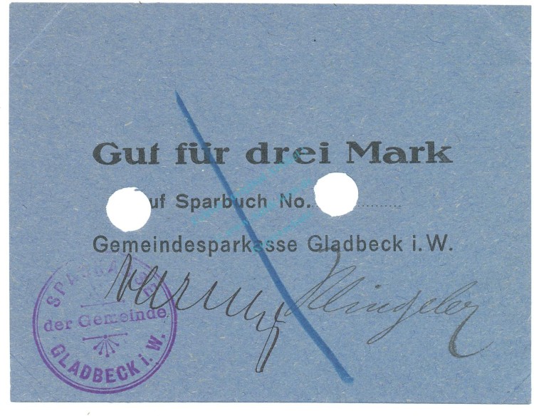 Gladbeck , Notgeld 3 Mark Schein unc-kfr.E Diessner 121.3 , Westfalen o.D. Notgeld 1914-15