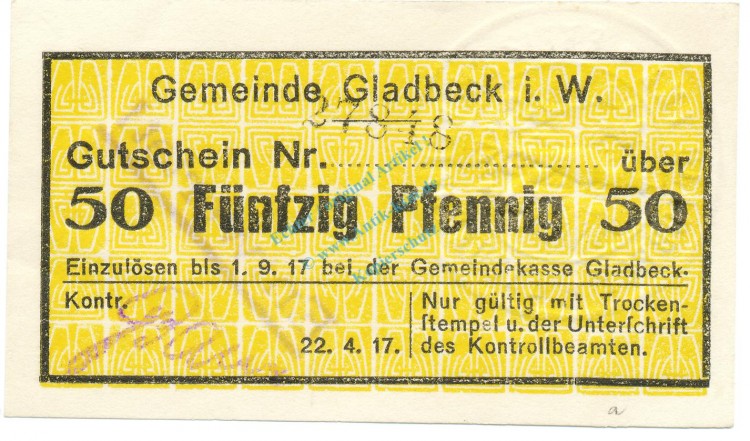 Gladbeck , Notgeld 50 Pfennig Schein unc-kfr.E Tieste 2240.05.03 , Westfalen 1917 Verkehrsausgabe