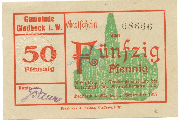 Gladbeck , Notgeld 50 Pfennig Schein unc-kfr. Tieste 2240.05.30 , Westfalen 1917 Verkehrsausgabe