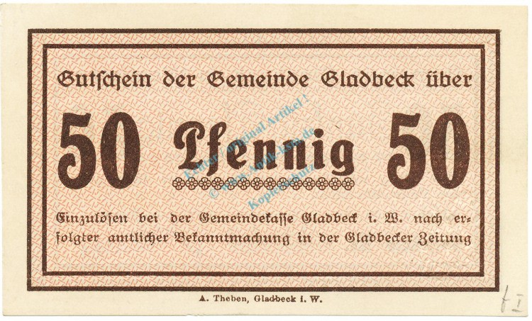 Gladbeck , Notgeld 50 Pfennig Schein unc-kfr. Tieste 2240.05.35 , Westfalen 1917 Verkehrsausgabe