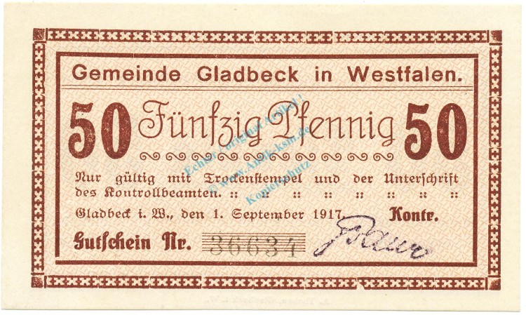 Gladbeck , Notgeld 50 Pfennig Schein unc-kfr. Tieste 2240.05.40 , Westfalen 1917 Verkehrsausgabe