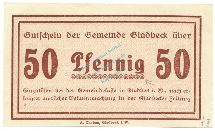 Gladbeck , Notgeld 50 Pfennig Schein unc-kfr. Tieste 2240.05.40 , Westfalen 1917 Verkehrsausgabe