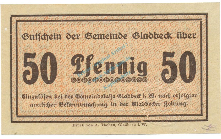 Gladbeck , Notgeld 50 Pfennig Schein unc-kfr. Tieste 2240.05.55 , Westfalen 1917 Verkehrsausgabe