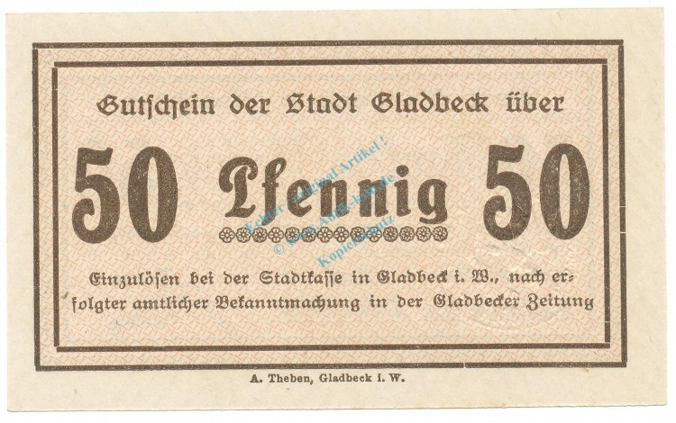 Gladbeck , Notgeld 50 Pfennig Schein unc-kfr. Tieste 2240.05.85 , Westfalen 1920 Verkehrsausgabe