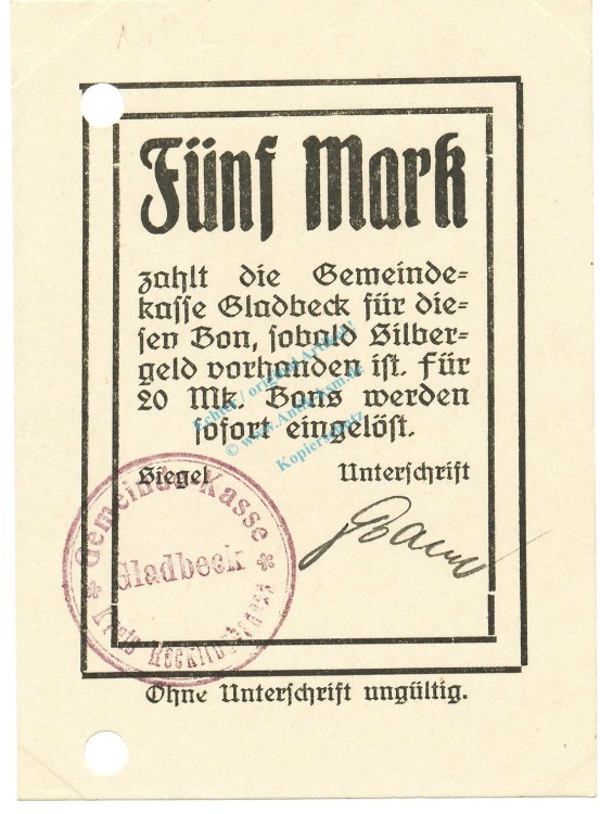 Gladbeck , Notgeld 5 Mark Schein unc-kfr.E Diessner 120.7 , Westfalen o.D. Notgeld 1914-15