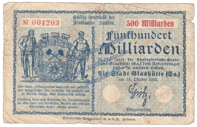 Glashütte , Banknote 500 Milliarden Mark Schein in gbr. Keller 1793.h , Sachsen 1923 Grossnotgeld - Inflation