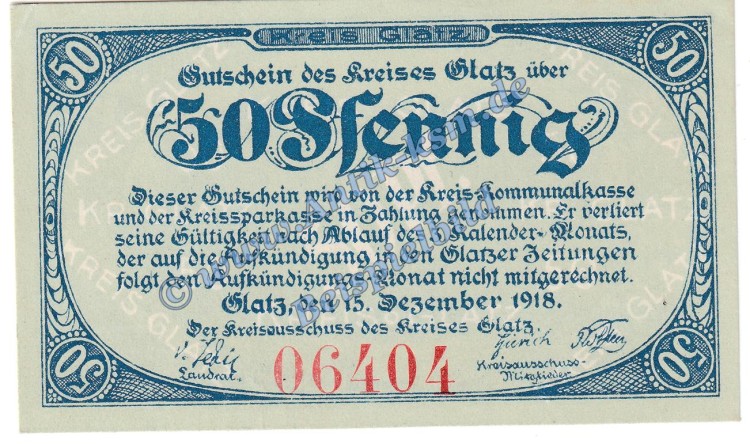 Glatz , Notgeld 50 Pfennig Schein in kfr. Tieste 2255.15.01 , Schlesien 1918 Verkehrsausgabe