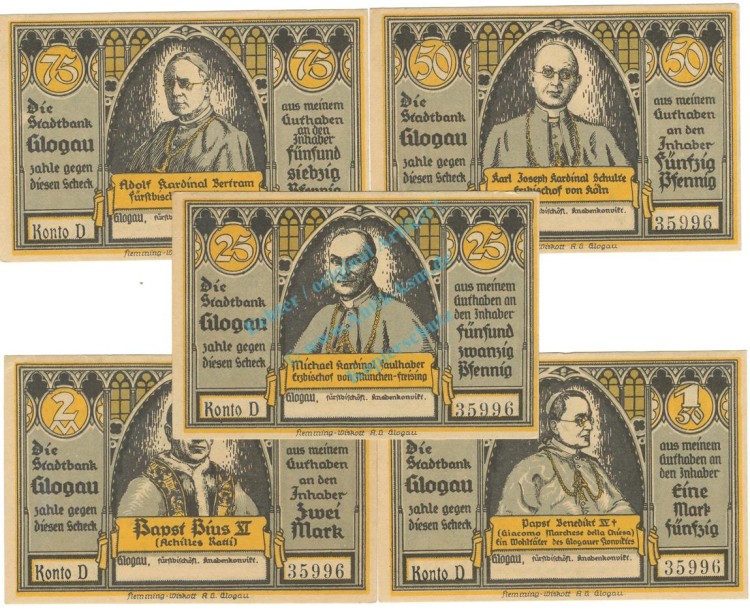Glogau , Notgeld Set 5 x Konto -D- unc-kfr. M-G 438.1 , SLN o.D. Seriennotgeld -5795-