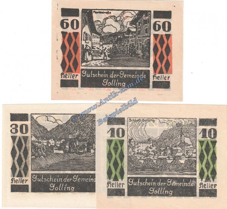 Golling , Notgeld Set mit 3 Scheinen in kfr. K-K 249.a Salzburg o.D.