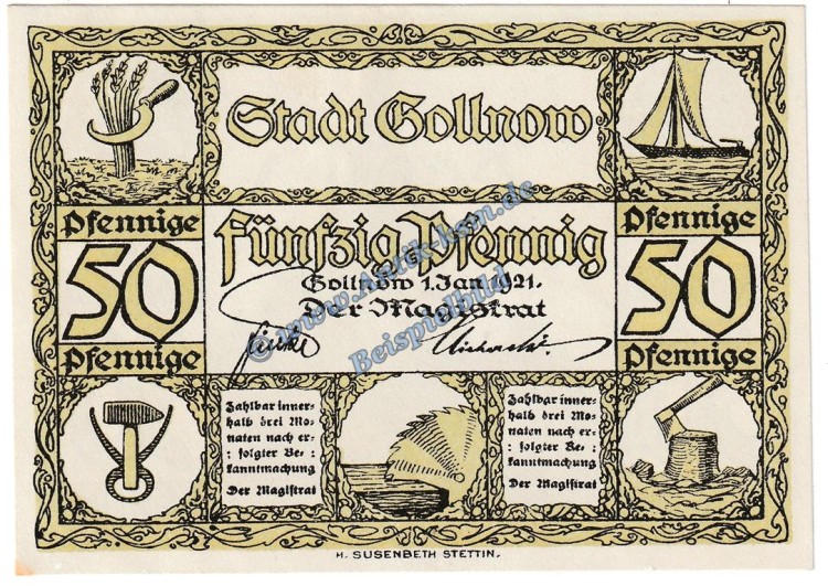 Gollnow , Notgeld 50 Pfennig Schein -grün- in kfr. M-G 453.1.b-c , Pommern 1921 Seriennotgeld