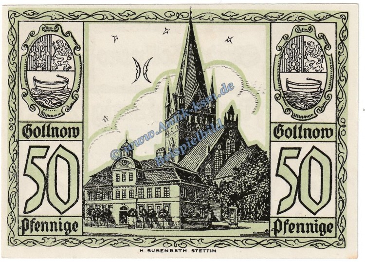 Gollnow , Notgeld 50 Pfennig Schein -grün- in kfr. M-G 453.1.b-c , Pommern 1921 Seriennotgeld