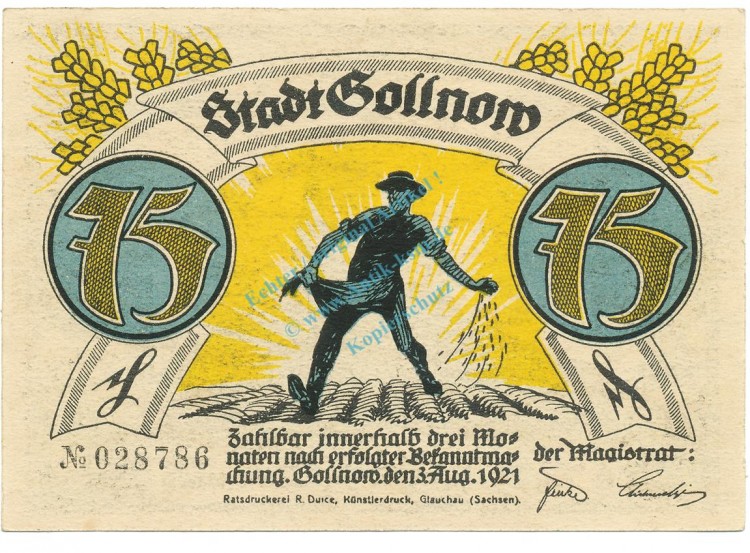 Gollnow , Notgeld 75 Pfennig -Nr.2 Glocke- unc-kfr. M-G.453.4 , POM 1921 Seriennotgeld -5830-
