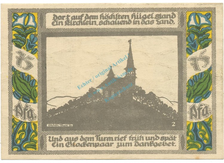 Gollnow , Notgeld 75 Pfennig -Nr.2 Glocke- unc-kfr. M-G.453.4 , POM 1921 Seriennotgeld -5830-