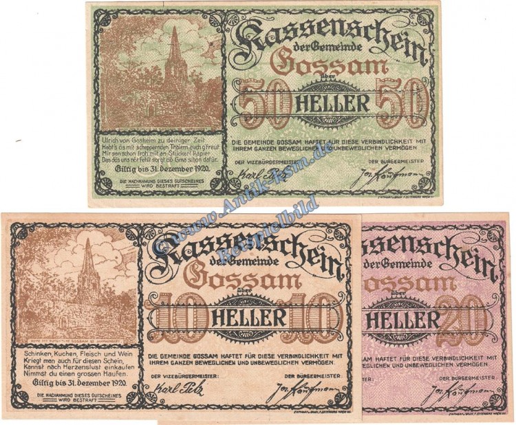 Gossam , Notgeld Set mit 3 Scheinen in kfr. K-K 252.b , Niederösterreich o.D.