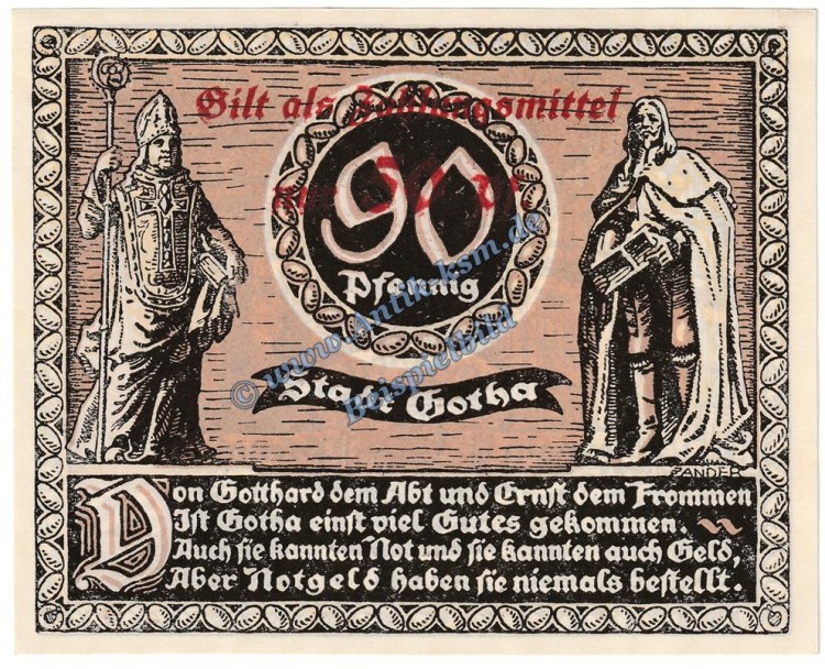 Gotha , Notgeld 50 Pfennig Überdruck Nr.1 in kfr. M-G 456.9.a , Thüringen 1921 Seriennotgeld