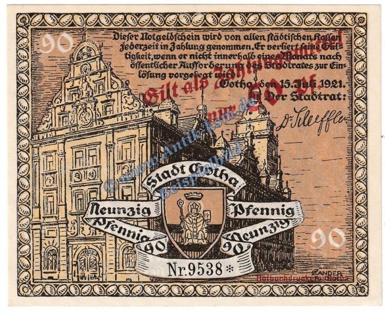 Gotha , Notgeld 50 Pfennig Überdruck Nr.1 in kfr. M-G 456.9.a , Thüringen 1921 Seriennotgeld