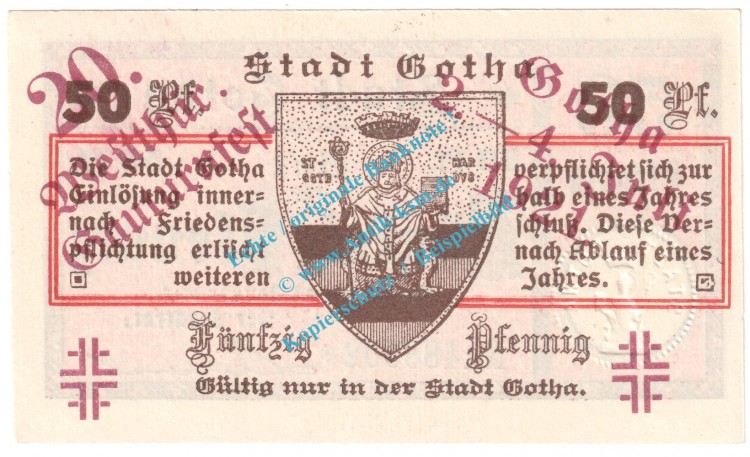 Gotha , Notgeld 50 Pfennig Nr.1 -Gauturnfest- in kfr. M-G 456.3.a , Thüringen 1921 Seriennotgeld