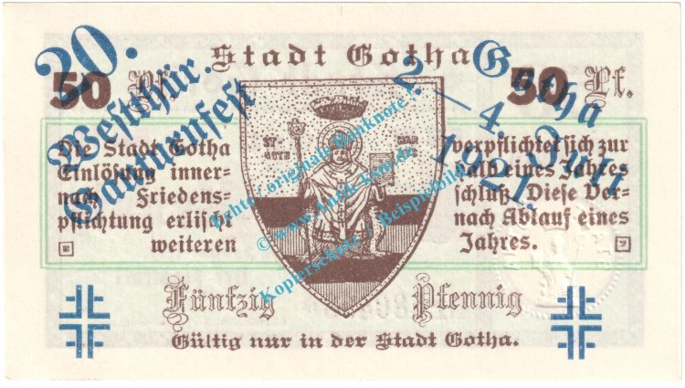 Gotha , Notgeld 50 Pfennig Nr.4 -Gauturnfest- in kfr. M-G 456.2.a , Thüringen 1921 Seriennotgeld