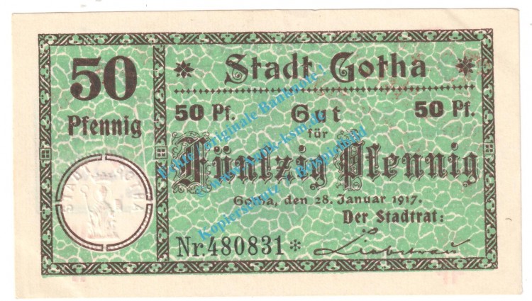 Gotha , Notgeld 50 Pfennig Nr.4 -Gauturnfest- in kfr. M-G 456.5.a , Thüringen 1921 Seriennotgeld