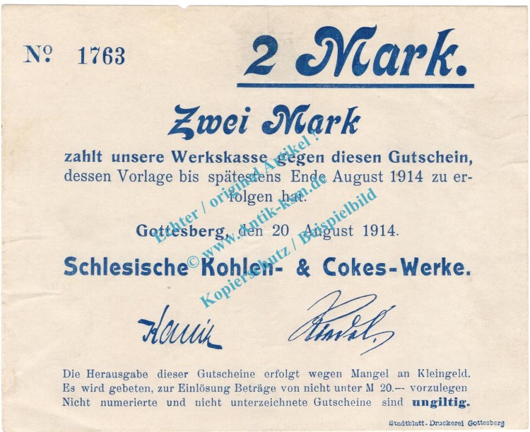 Gottesberg , Notgeld 2 Mark Schein in gbr. Diessner 129.1.b , Niederschlesien 1914 Notgeld 1914-15