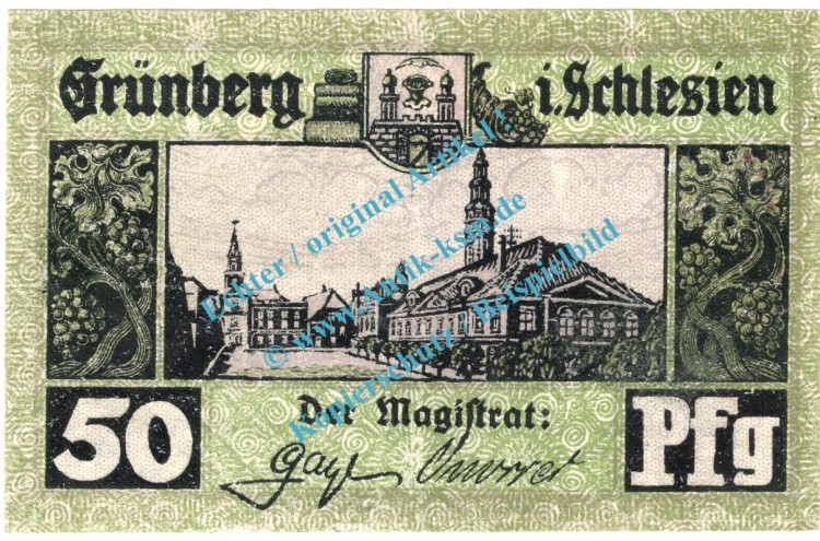 Grünberg , Notgeld 50 Pfennig Schein in kfr. Tieste 2640.05.21 , Schlesien o.D. Verkehrsausgabe