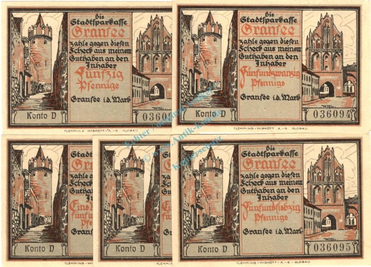 Gransee , Notgeld Set --5 x Konto D-- unc-kfr. M-G 465.1.a , Brandenburg o.D. Seriennotgeld