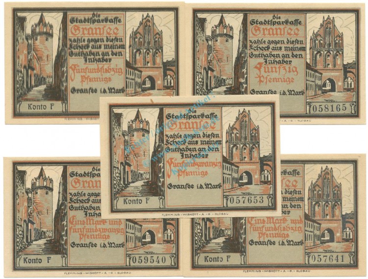 Gransee , Notgeld Set 5 x Konto -F- unc-kfr. M-G 465.1 , BBG o.D. Seriennotgeld -5797-
