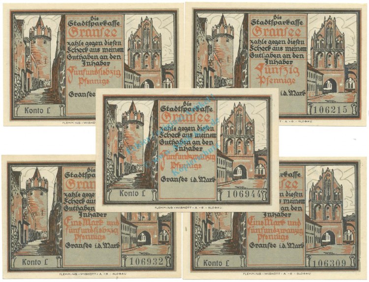 Gransee , Notgeld Set 5 x Konto L und -WZ- unc-kfr. M-G 465.2 , BBG o.D. Seriennotgeld -5798-