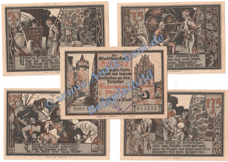 Gransee , Notgeld Set mit 5 Scheinen -Unterschrift- in kfr. M-G 465.1.b Brandenburg o.D. Seriennotgeld
