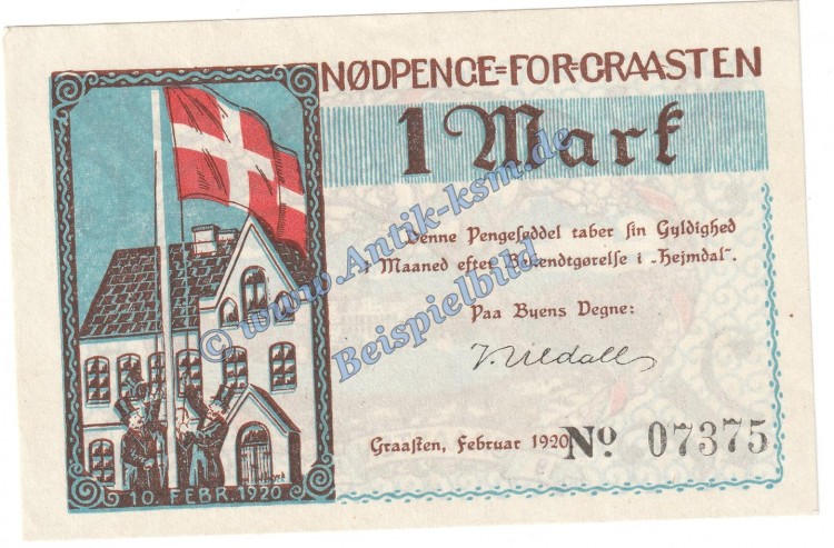 Gravenstein , Notgeld 1 Mark Schein in kfr. M-G 466.2.a , Schleswig o.D. Seriennotgeld
