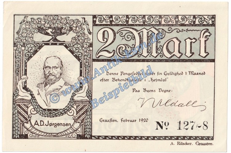 Gravenstein , Notgeld 2 Mark Schein in kfr. M-G 466.5 , Schleswig o.D. Seriennotgeld