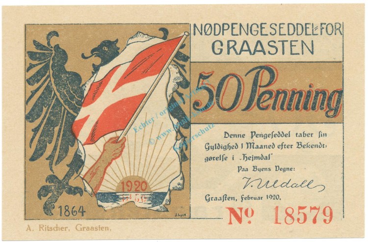 Gravenstein , Notgeld 50 Pfennig Schein unc-kfr. M-G 466.1.A , DNS 1920 Seriennotgeld -5800-
