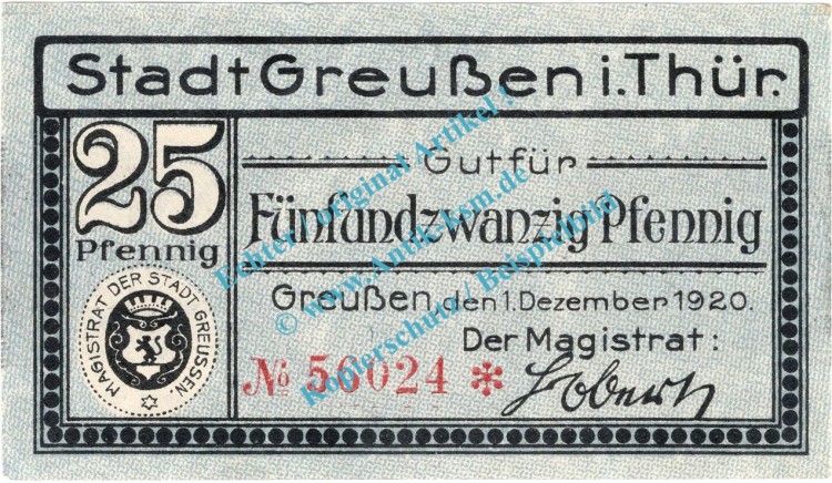 Greussen , Notgeld 25 Pfennig Schein in kfr. Tieste 2455.05.05 , Thüringen 1920 Verkehrsausgabe