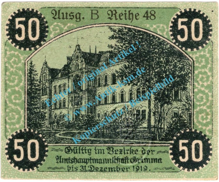 Grimma , Notgeld 50 Pfennig Schein in kfr. Tieste 2465.05.07 , Sachsen 1918 Verkehrsausgabe