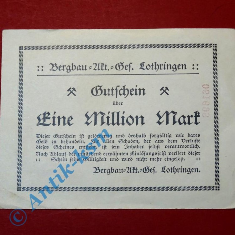 Großnotgeld Gerthe , Bergbau AG Lothringen , 1 Million Mark Schein vom 13.08.1923 , Westfalen