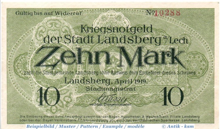 Großnotgeld Landsberg a. Lech , 10 Mark Schein in kfr. Geiger 307.01 , von 1919 , Bayern Großnotgeld