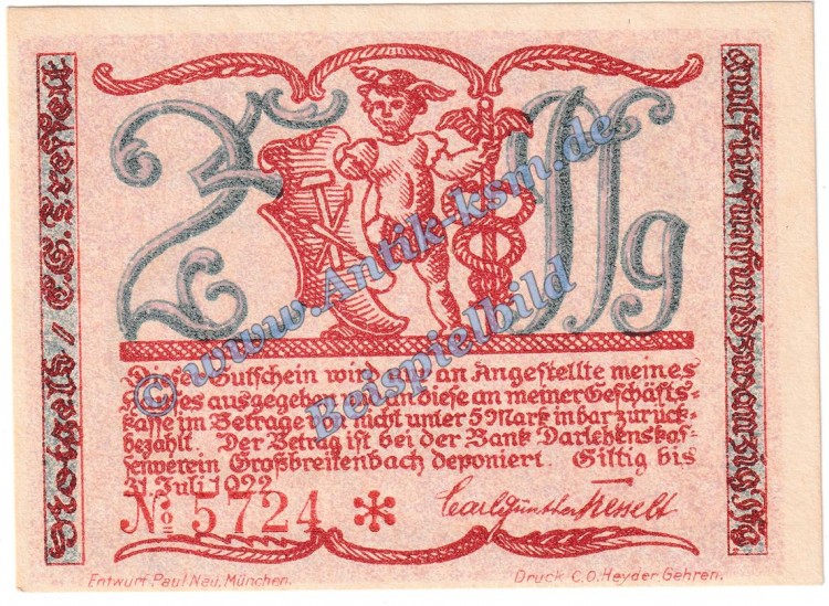 Grossbreitenbach , Notgeld 25 Pfennig -KN rot- in kfr. M-G 477.3.b , Thüringen o.D. Seriennotgeld